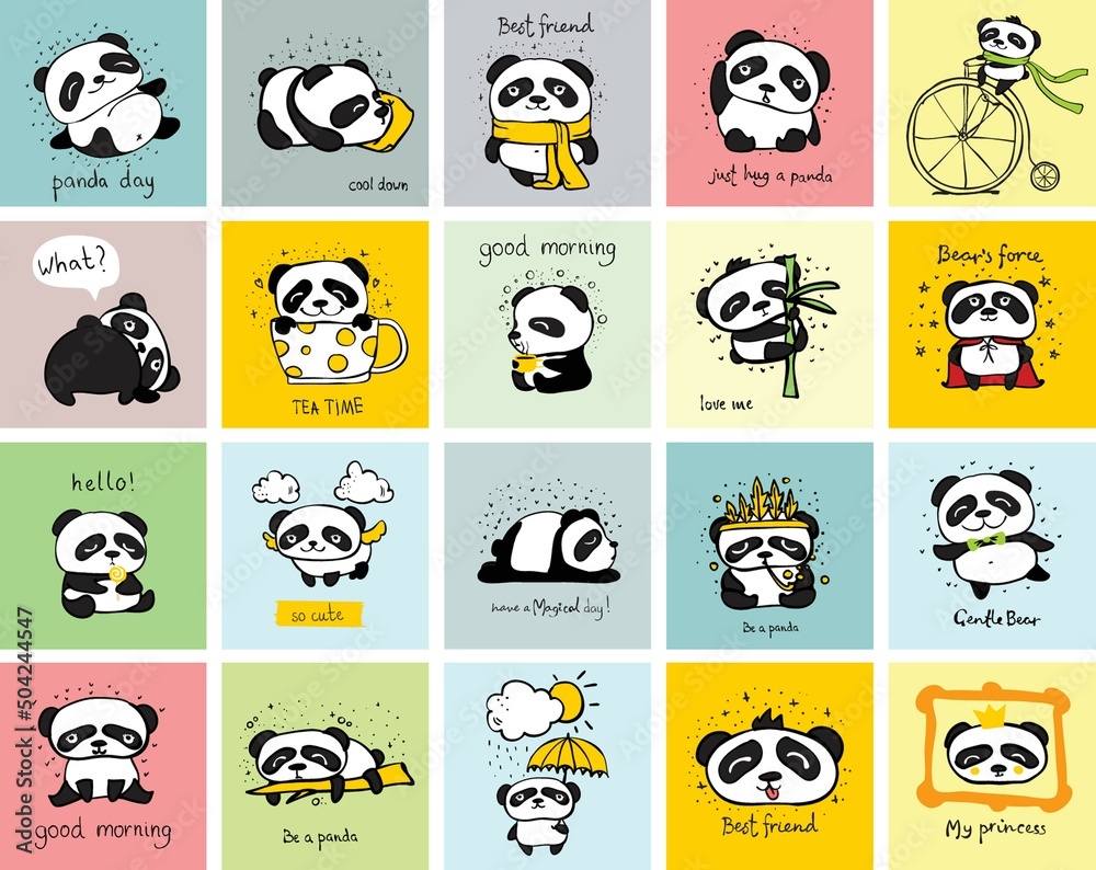 Panda doodle kid set. Simple design of cute pandas and other individual elements perfect for kid's card, banners, stickers