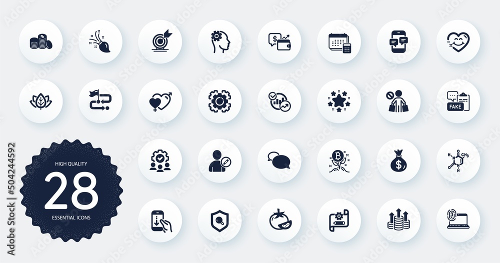 Set of Business icons, such as Brush, Phone messages and Tomato flat icons. Teamwork, Scroll down, Money bag web elements. Engineering, Banking money, Chemical formula signs. Target goal. Vector Set of Business icons, such as Brush, Phone messages and Tomato flat icons. Teamwork, Scroll down, Money bag web elements. Engineering, Banking money, Chemical formula signs. Target goal. Vector