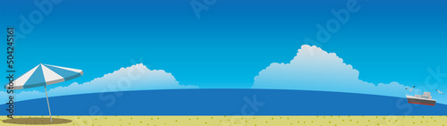 夏休みのビーチ ～砂浜と水平線と船とビーチパラソルと青空 ～ B4-1