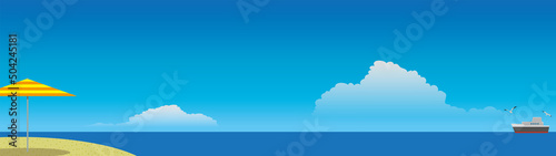 夏休みのビーチ ～砂浜と水平線と船とビーチパラソルと青空 ～ B2-2