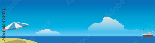 夏休みのビーチ ～砂浜と水平線と船とビーチパラソルと青空 ～ B2-1