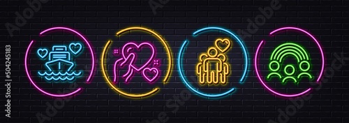 Hold heart, Honeymoon cruise and Friendship minimal line icons. Neon laser 3d lights. Inclusion icons. For web, application, printing. Care love, Romantic cruiser, Trust friends. Vector