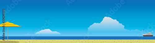 夏休みのビーチ ～砂浜と水平線と船とビーチパラソルと青空 ～ B1-2