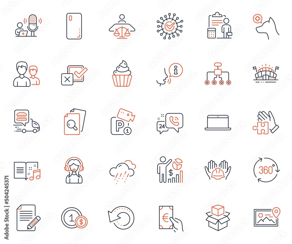 line icons set. Included icon as Support, Music book and Seo statistics web elements. Puzzle, Couple, Finance icons. Photo location, Sports arena, Food delivery web signs. Restructuring. Vector