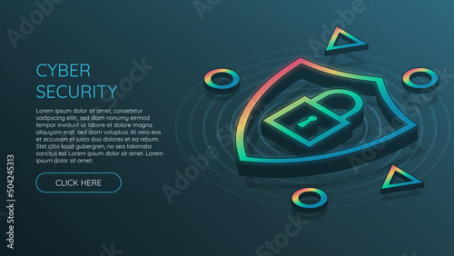 Isometric cyber security with rainbow gradient on blue background. Extended with different shapes	
