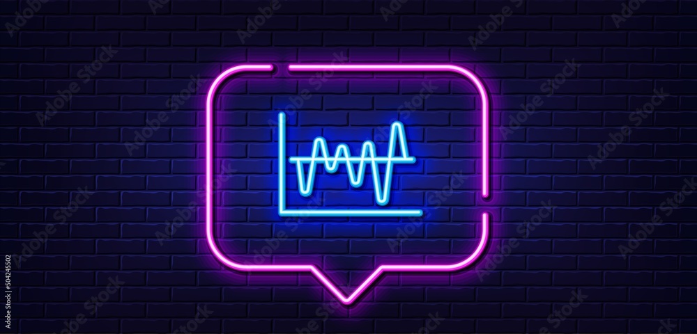 Neon light speech bubble. Investment chart line icon. Economic graph sign. Stock exchange symbol. Business finance. Neon light background. Stock analysis glow line. Brick wall banner. Vector