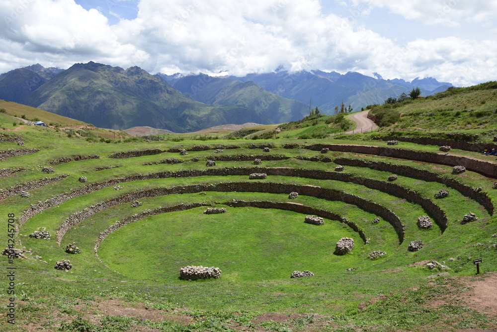 Inca terraces of Moray. Each level has its own microclimate. Moray is an archaeological site near the Sacred Valley Inca terraces of Moray. Each level has its own microclimate. Moray is an archaeological site near the Sacred Valley