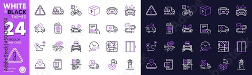 Lift, Metro map and Lighthouse line icons for website, printing. Collection of Parking place, Parking security, Ambulance emergency icons. Journey, Delivery truck. Bicolor outline icon. Vector