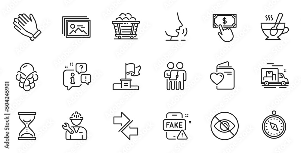 Outline set of Time hourglass, Clapping hands and Not looking line icons for web application. Talk, information, delivery truck outline icon. Include Love document, Survey, Repairman icons. Vector