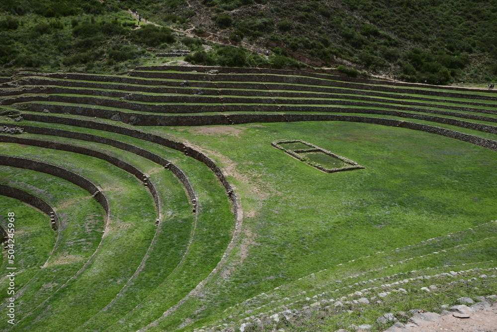 Inca terraces of Moray. Each level has its own microclimate. Moray is an archaeological site near the Sacred Valley Inca terraces of Moray. Each level has its own microclimate. Moray is an archaeological site near the Sacred Valley