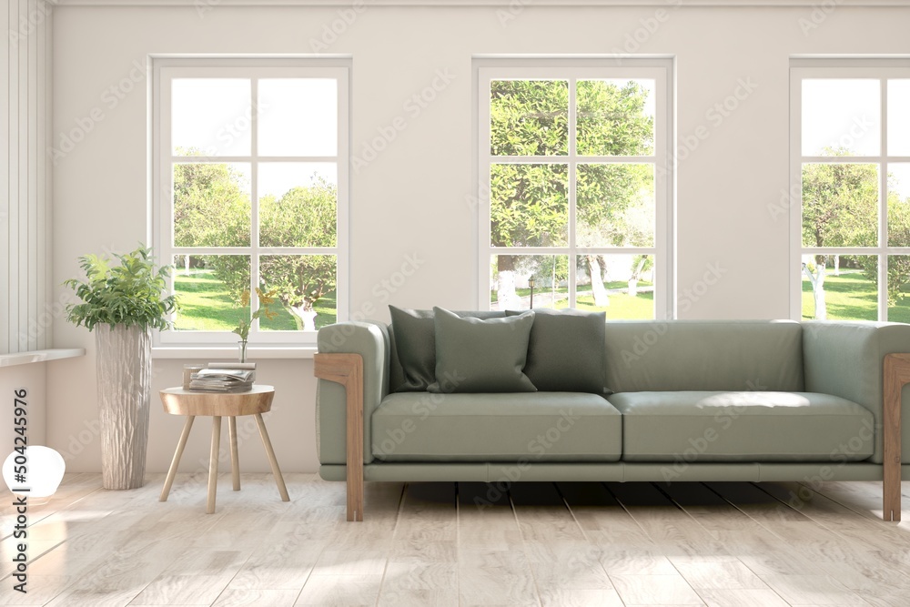 Fototapeta premium White living room with sofa and summer landscape in window. Scandinavian interior design. 3D illustration