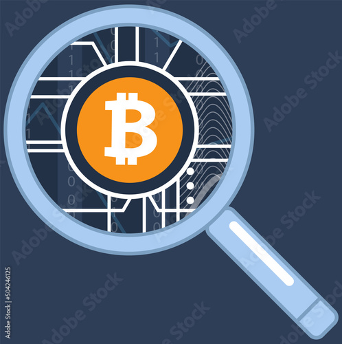 Digital payment system, cryptocurrency. Online currency and blockchain technology. Search for nternet money. Online earning, cryptographic marketplace logo template. Bitcoin icon under magnifyer