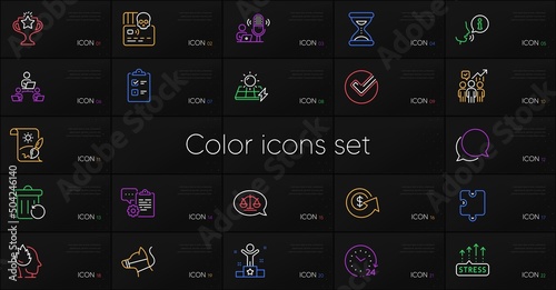 Set of Time, Justice scales and Cyber attack line icons. Include Clipboard, Puzzle, Solar panels icons. Recovery trash, Verify, Creative painting web elements. Chat message, Winner, Dog leash. Vector