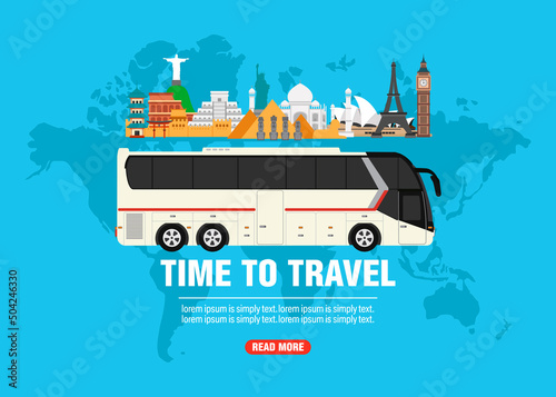 Time to travel concept design flat banner with tourist bus