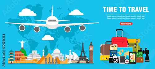 Time to travel. Around the world concept design flat banner