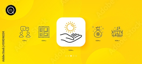 Interview, Arena and Sun protection minimal line icons. Yellow abstract background. Santa sack, Entrance icons. For web, application, printing. Job meeting, Sport stadium, Ultraviolet care. Vector