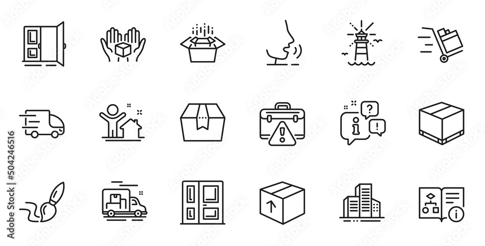 Outline set of Truck delivery, Delivery box and Lighthouse line icons for web application. Talk, information, delivery truck outline icon. Include Buildings, Warning briefcase, New house icons. Vector Outline set of Truck delivery, Delivery box and Lighthouse line icons for web application. Talk, information, delivery truck outline icon. Include Buildings, Warning briefcase, New house icons. Vector