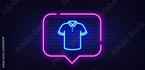 Neon light speech bubble. T-shirt line icon. Tee shirt wear sign. Fabric sport clothes symbol. Neon light background. T-shirt glow line. Brick wall banner. Vector