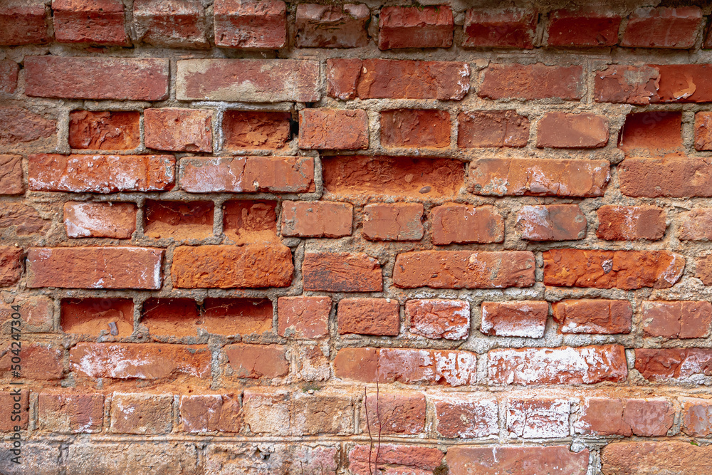 Obraz premium Ancient brick masonry made of red clay bricks with white salt protruding. Background