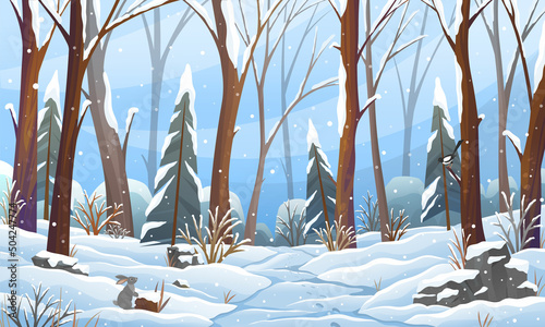 Winter fairy tale landscape, with tall trees and path in winter snowy forest, fir-trees in snowdrifts. Beautifyl outdoors natural background, mystery light in frosty glade, magic season with snow