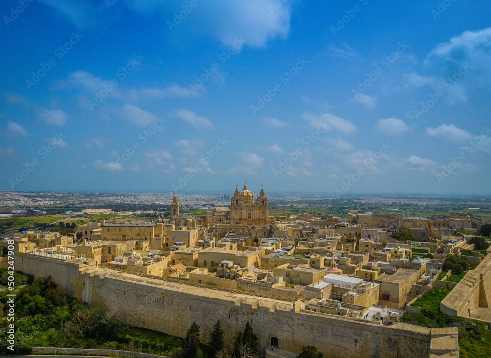 Aerial panorama view of the town of Mdina fortress in Malta also called Silent city. Ancient medieval walled city - the capital city of Malta in medieval times