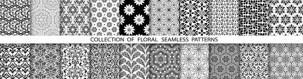 Geometric floral set of seamless patterns. White and black vector backgrounds. Simple illustrations.