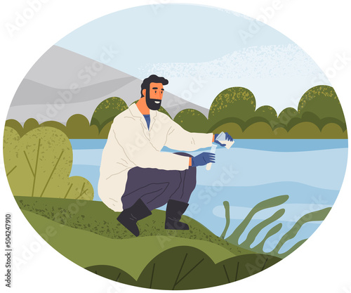 Man exploring nature, analyzing river water. Researcher takes samples of biomaterial. Environmental and ecology research. Scientist conducts ecological experiment. Explorers work with water in lake