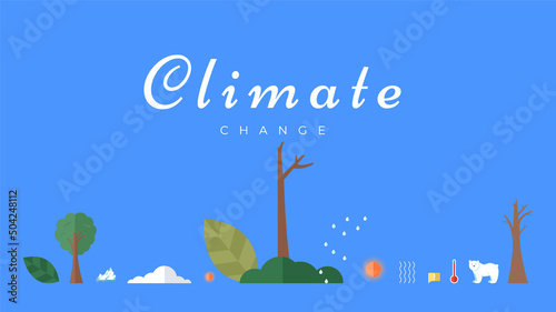 Climate change vector banner template. North Pole, melting glaciers, polar bear on ice floe. Global warming, sea level rise, nature damage. World Environment day. Ecology hazards, air pollution