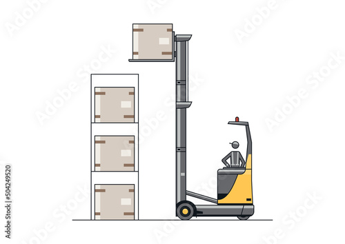 Line vector design of modern reach truck forklift next to the racks.