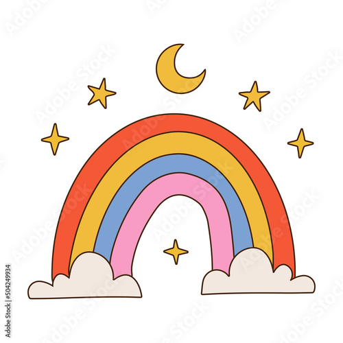 Rainbow With Clouds, Stars, and Moon. Vector Illustration. Cartoon doodle style style isolated on white background. Perfect for kids, posters, prints, cards, fabric, children's books.