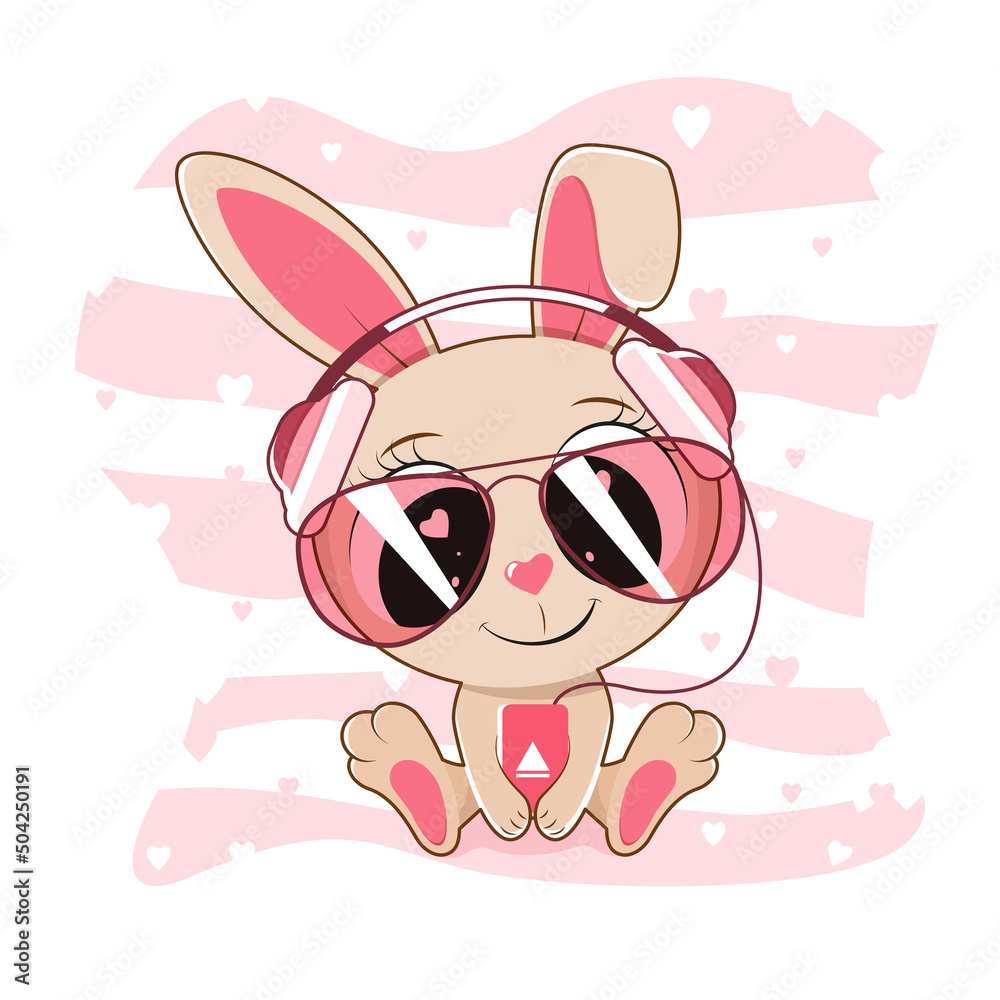 Cute Cartoon Bunny sitting in sunglasses and headphones, listening to music. Vector illustration.