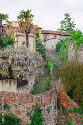 Obraz na płótnie Veiw at the medieval street with a flowers in the in Rieux-Volvestre, France in summer w salonie