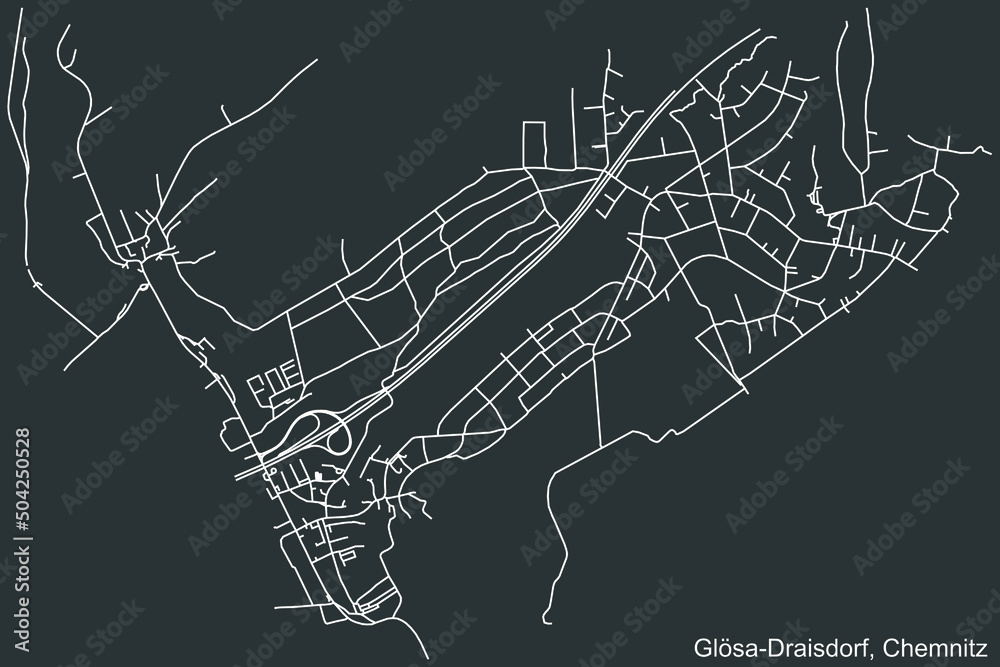Detailed negative navigation white lines urban street roads map of the GLÖSA-DRAISDORF DISTRICT of the German regional capital city of Chemnitz, Germany on dark gray background Detailed negative navigation white lines urban street roads map of the GLÖSA-DRAISDORF DISTRICT of the German regional capital city of Chemnitz, Germany on dark gray background