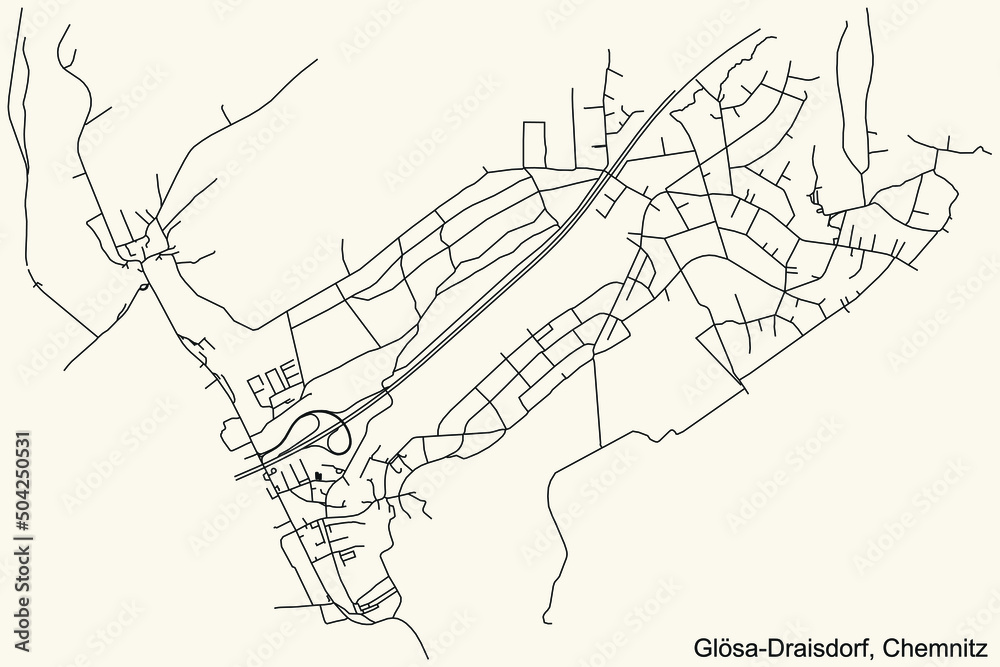 Detailed navigation black lines urban street roads map of the GLÖSA-DRAISDORF DISTRICT of the German regional capital city of Chemnitz, Germany on vintage beige background Detailed navigation black lines urban street roads map of the GLÖSA-DRAISDORF DISTRICT of the German regional capital city of Chemnitz, Germany on vintage beige background