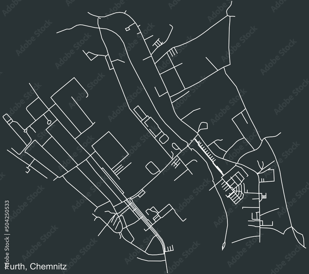 Detailed negative navigation white lines urban street roads map of the FURTH DISTRICT of the German regional capital city of Chemnitz, Germany on dark gray background