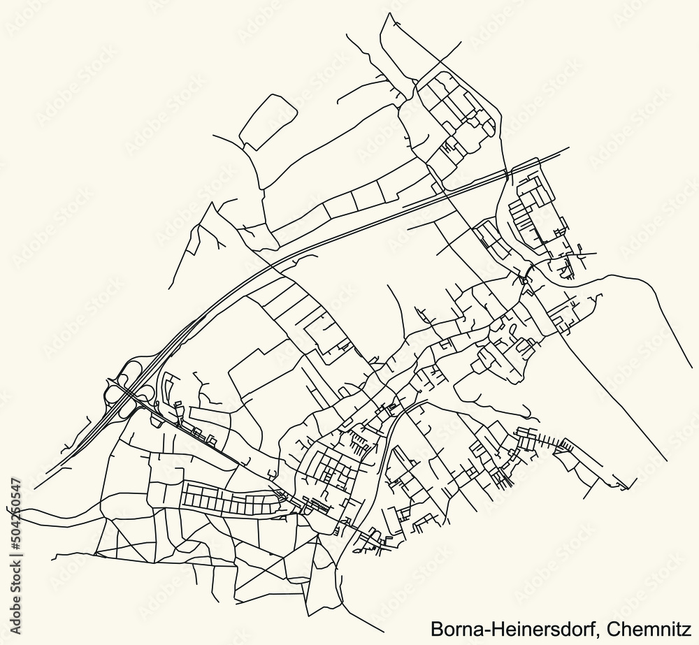 Detailed navigation black lines urban street roads map of the BORNA-HEINERSDORF DISTRICT of the German regional capital city of Chemnitz, Germany on vintage beige background