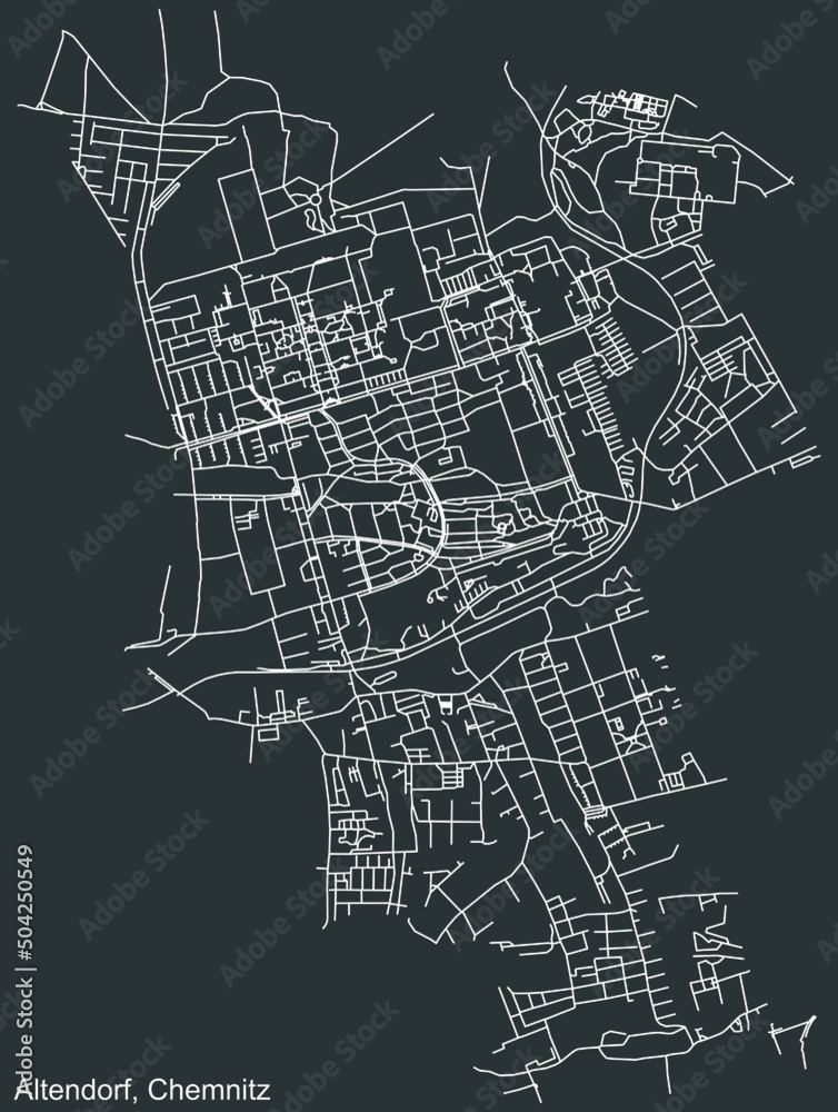 Detailed negative navigation white lines urban street roads map of the ALTENDORF DISTRICT of the German regional capital city of Chemnitz, Germany on dark gray background
