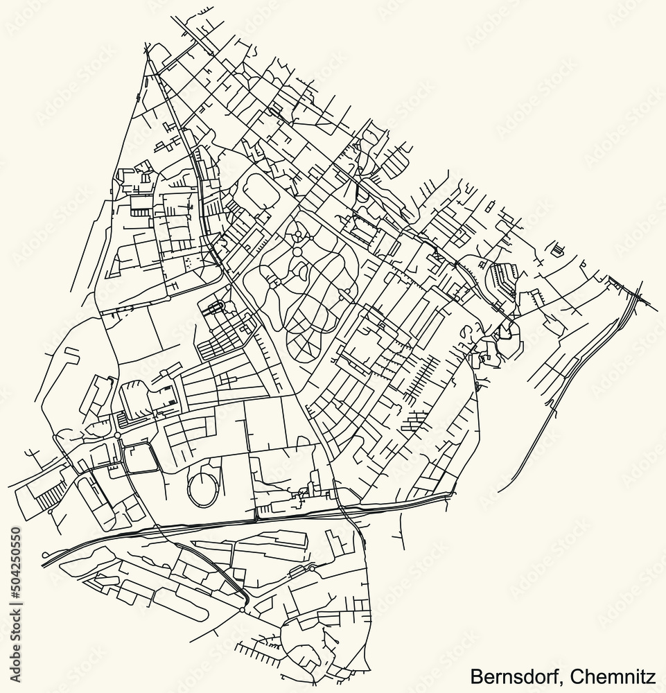 Detailed navigation black lines urban street roads map of the BERNSDORF DISTRICT of the German regional capital city of Chemnitz, Germany on vintage beige background