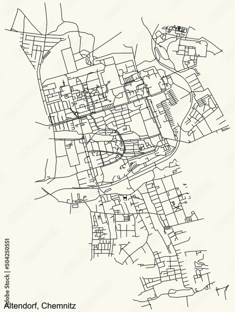 Detailed navigation black lines urban street roads map of the ALTENDORF DISTRICT of the German regional capital city of Chemnitz, Germany on vintage beige background