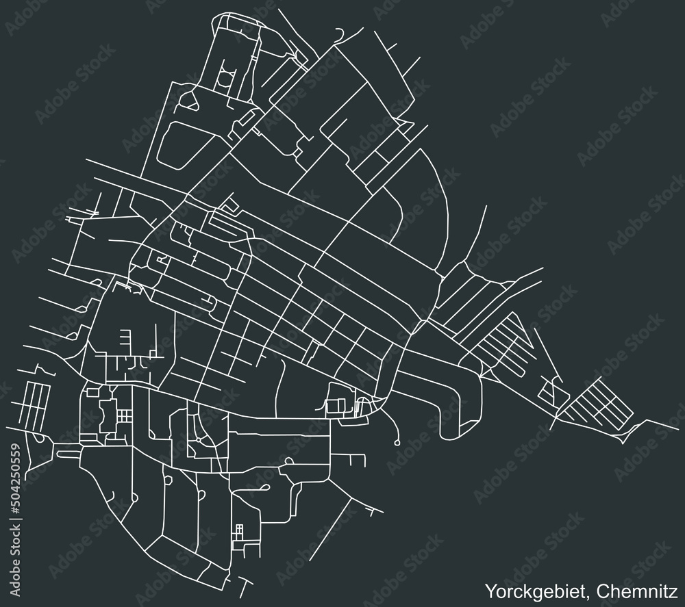 Detailed negative navigation white lines urban street roads map of the YORCKGEBIET DISTRICT of the German regional capital city of Chemnitz, Germany on dark gray background