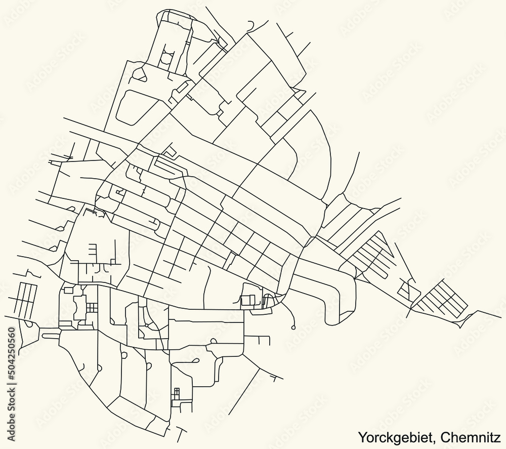 Obraz premium Detailed navigation black lines urban street roads map of the YORCKGEBIET DISTRICT of the German regional capital city of Chemnitz, Germany on vintage beige background