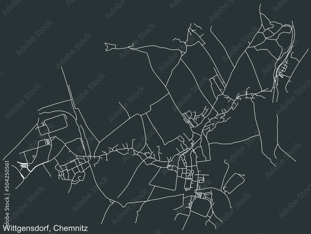 Detailed negative navigation white lines urban street roads map of the WITTGENSDORF DISTRICT of the German regional capital city of Chemnitz, Germany on dark gray background