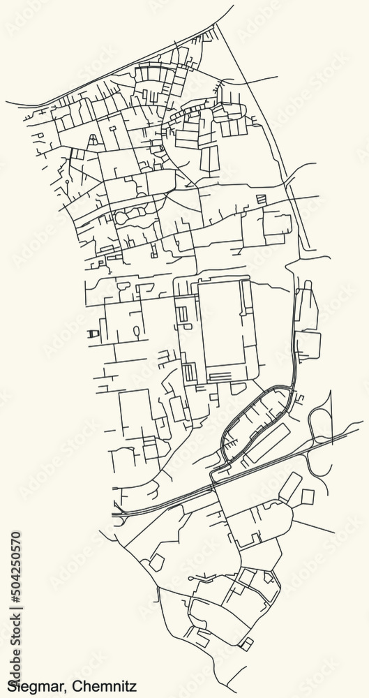 Detailed navigation black lines urban street roads map of the SIEGMAR DISTRICT of the German regional capital city of Chemnitz, Germany on vintage beige background