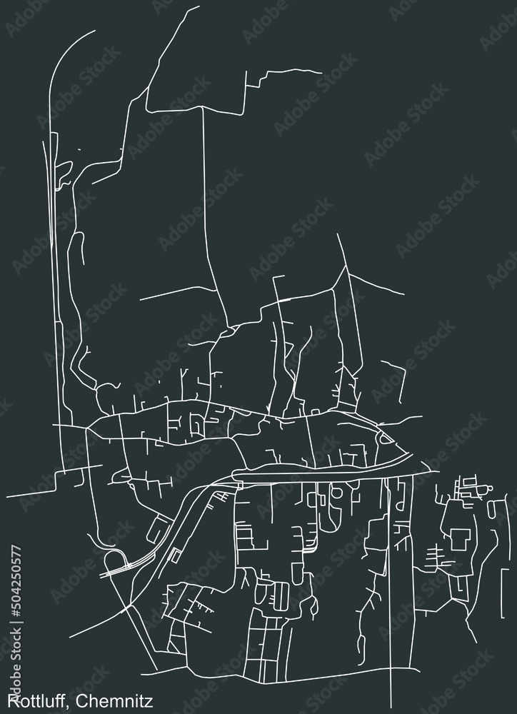 Detailed negative navigation white lines urban street roads map of the ROTTLUFF DISTRICT of the German regional capital city of Chemnitz, Germany on dark gray background