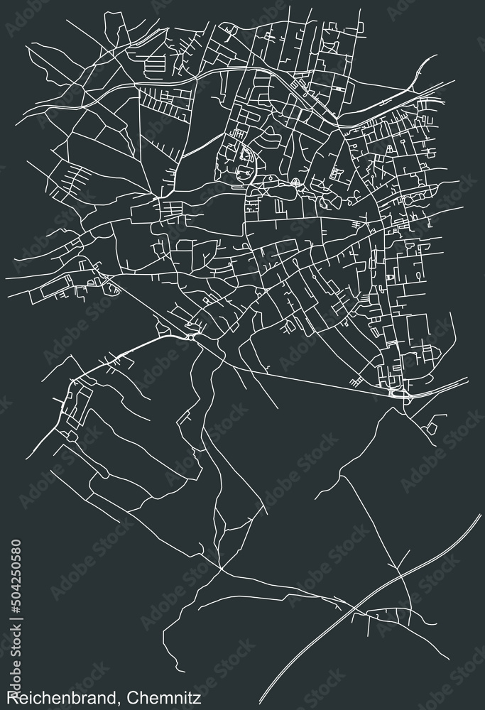 Detailed negative navigation white lines urban street roads map of the REICHENBRAND DISTRICT of the German regional capital city of Chemnitz, Germany on dark gray background