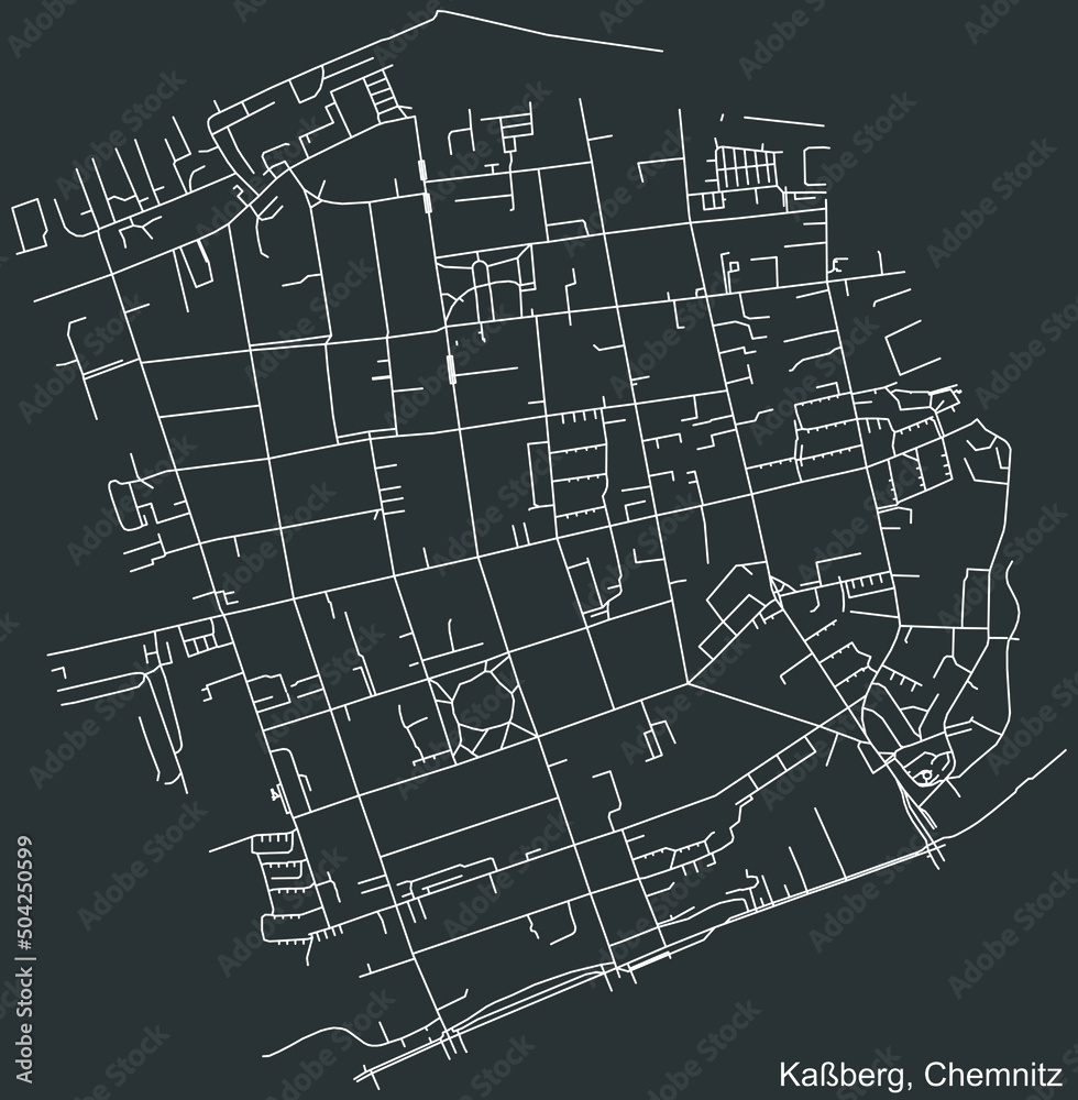 Detailed negative navigation white lines urban street roads map of the KAßBERG DISTRICT of the German regional capital city of Chemnitz, Germany on dark gray background