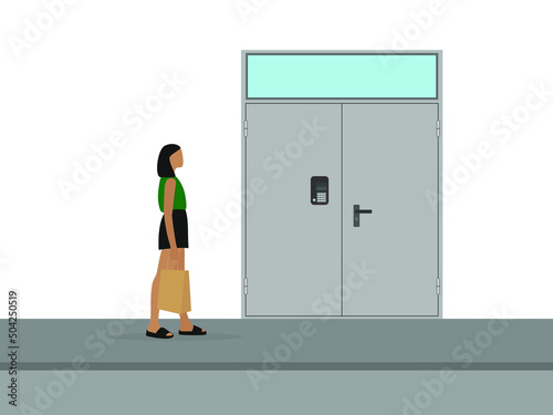 A young female character in summer clothes and with a paper bag in her hand goes to a metal door with an intercom