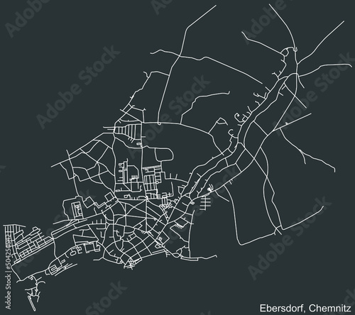 Detailed negative navigation white lines urban street roads map of the EBERSDORF DISTRICT of the German regional capital city of Chemnitz, Germany on dark gray background