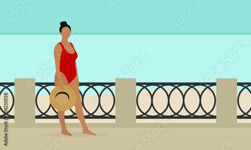 Female character in a red swimsuit and with a hat in hand stands barefoot on the embankment