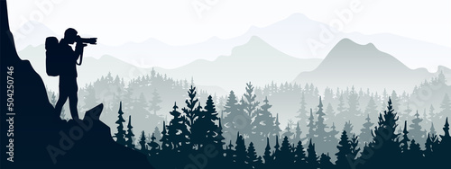 Photographer stands on top of rock take picture of landscape. Mountains and forest in background. Silhouette illustration. 
